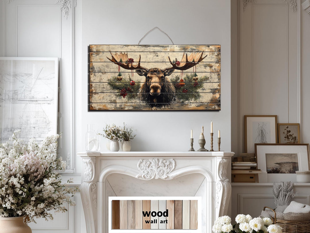 Rustic Christmas Moose With Ornaments Distressed Wood Wall Art