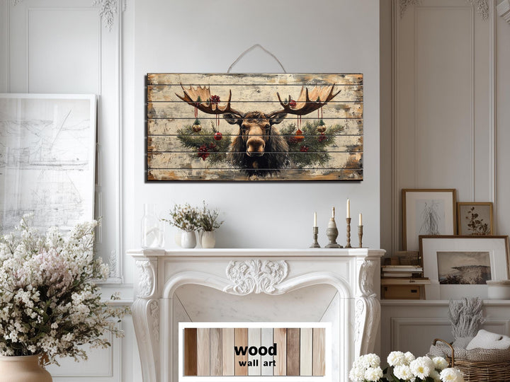 Rustic Christmas Moose With Ornaments Distressed Wood Wall Art