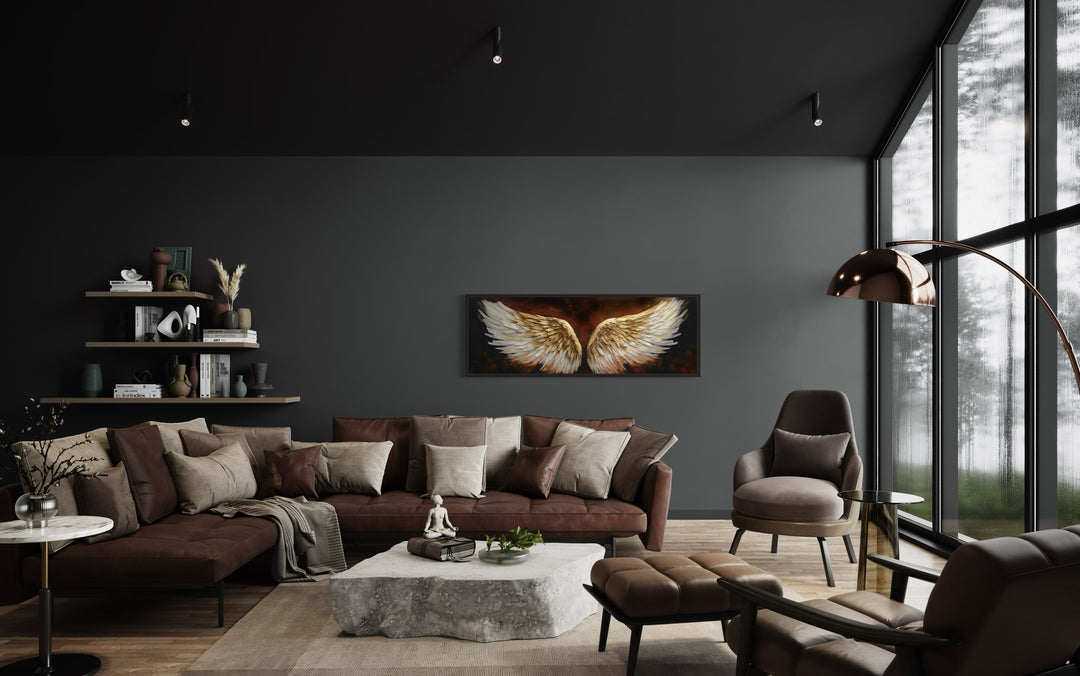 White Gold Angel Wings On Brown Background Horizontal Framed Canvas Wall Art in a living room filled with furniture and a large window