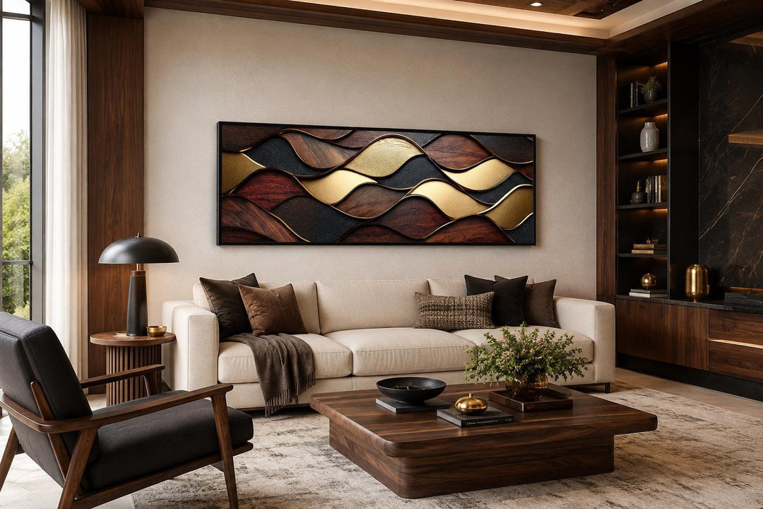 Long horizontal canvas art with abstract wavy wood grain patterns in brown, black, and gold.