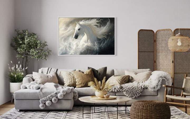 Beautiful White Stallion Framed Canvas Wall Art in a living room filled with furniture