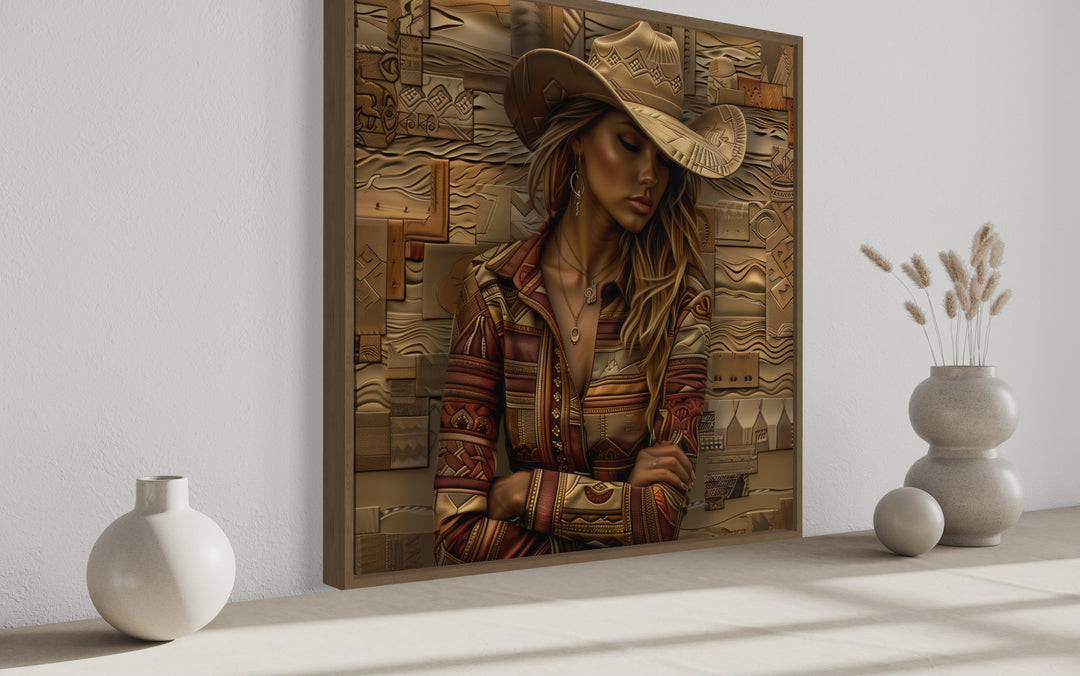 Cowgirl Portrait In Hat Framed Canvas Wall Art side view