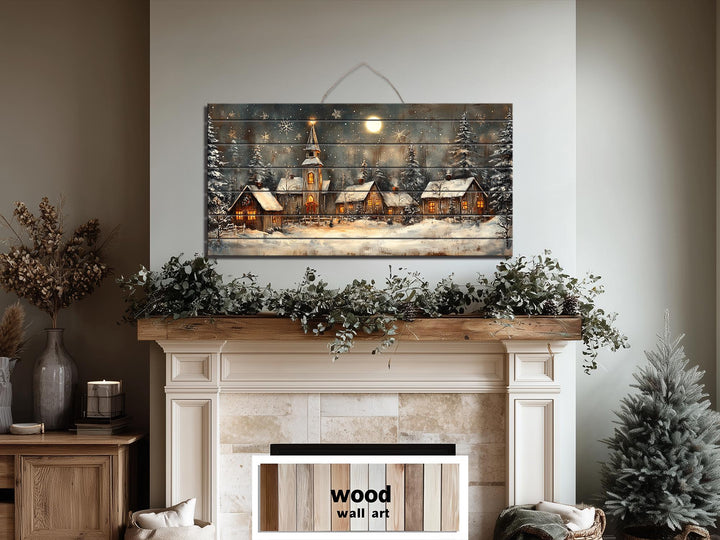 Rustic Christmas Snowy Village Distressed Wood Wall Art