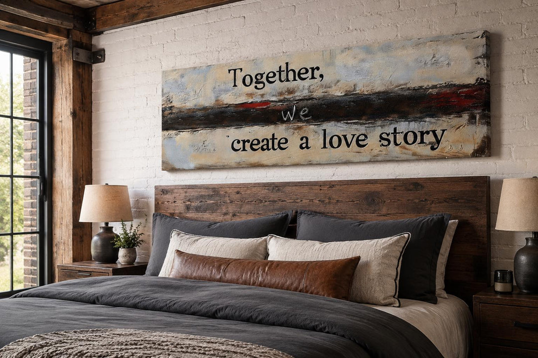 Above bed canvas art with romantic quote Together We Create A Love Story over a rustic headboard.