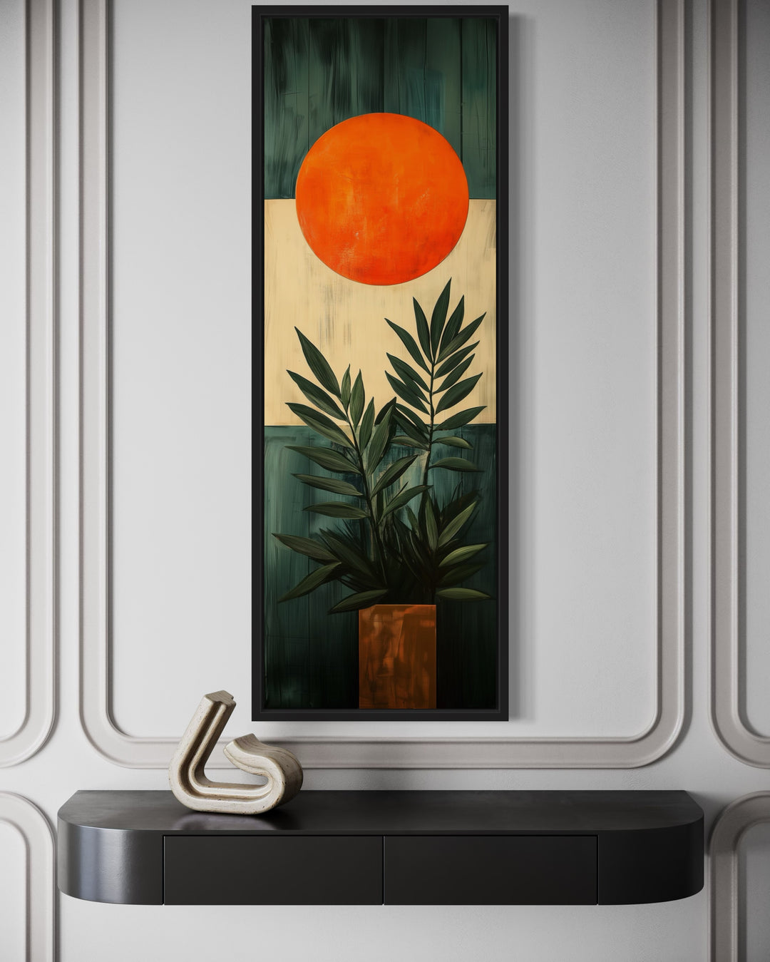 Mid Century Modern Orange Sun And Palm Leaves Framed Canvas Wall Art close up