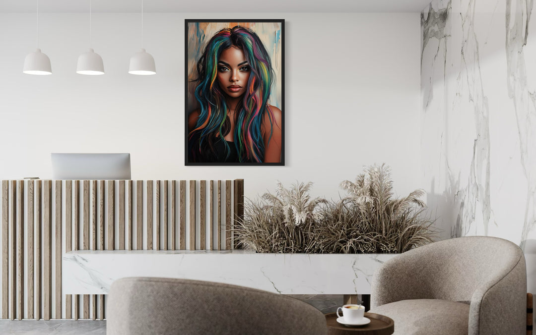 African American Woman With Rainbow Hair Black Hair Salon Canvas Wall Art in the salon