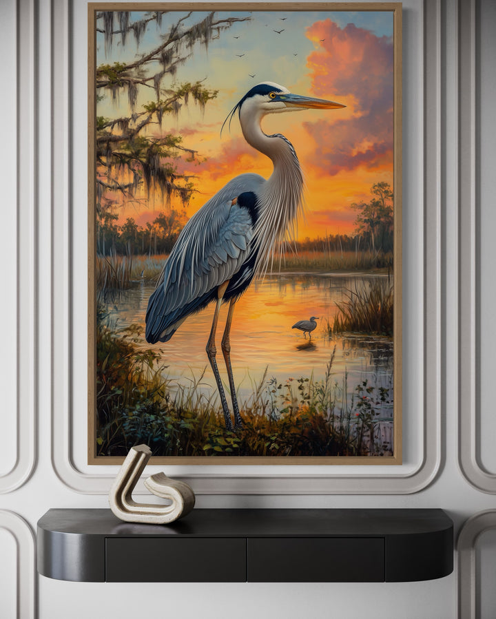 Blue Heron at Sunset Marshland Framed Canvas Wall Art close up