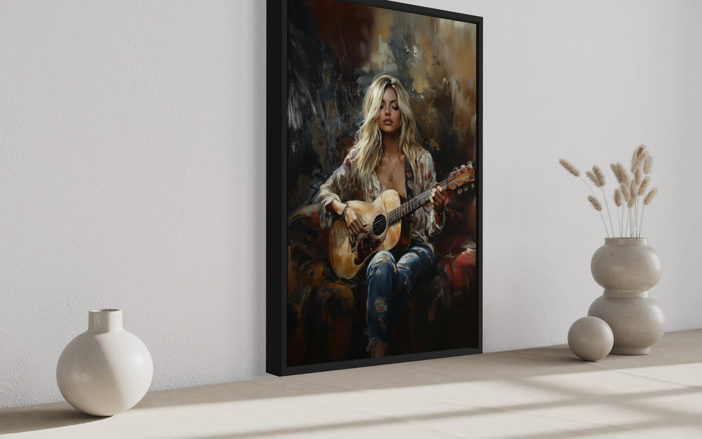 a painting of a woman playing a guitar