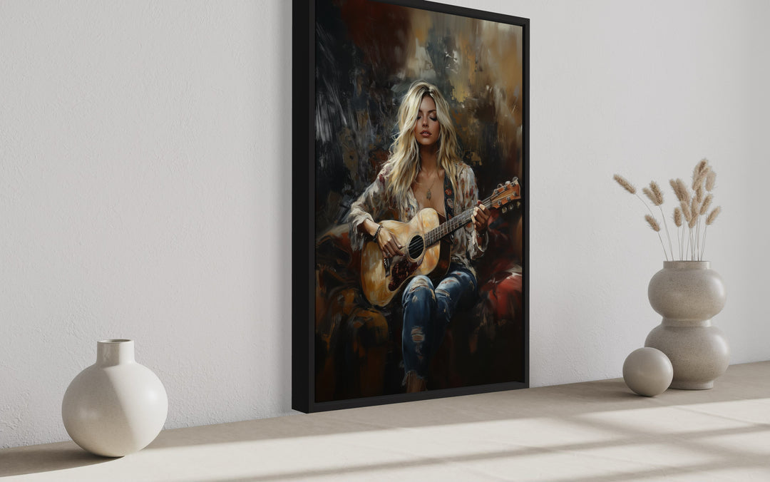 a painting of a woman playing a guitar