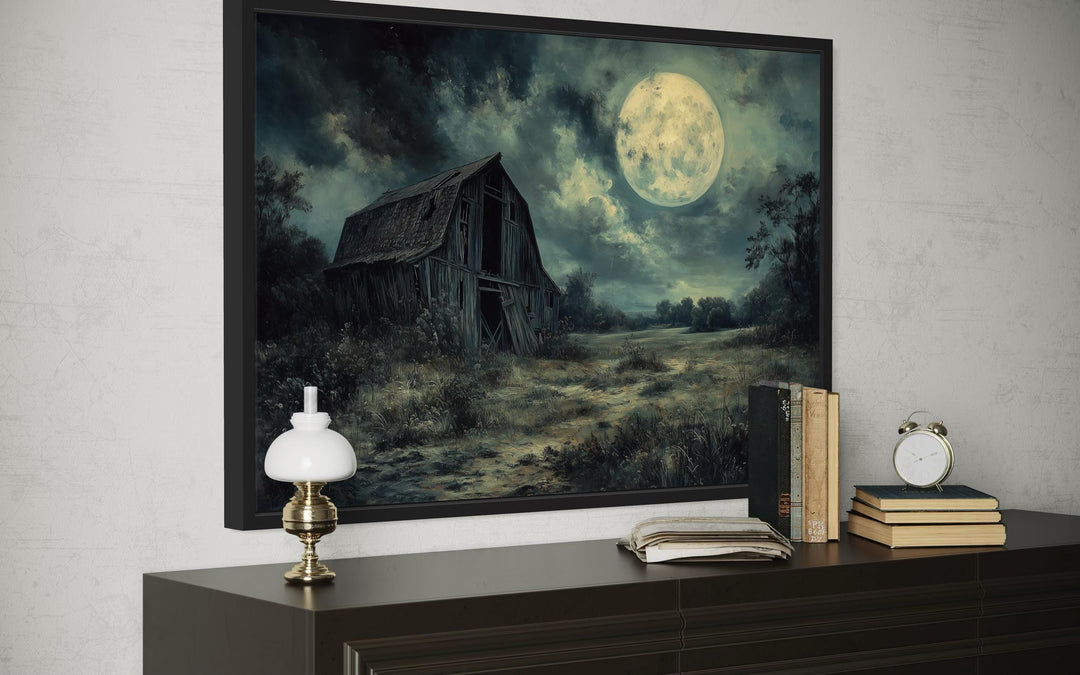 Abandoned Barn Under Full Moon Canvas Wall Art
