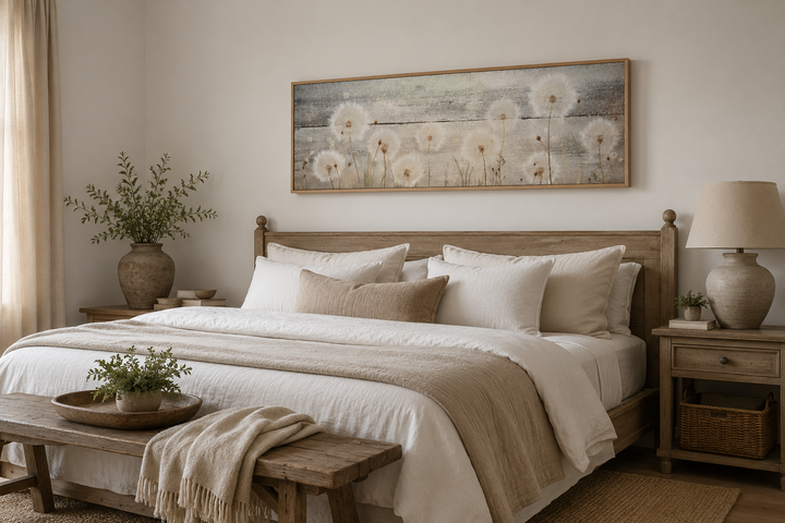 Rustic long horizontal dandelion painting on wood framed above a bed in a neutral-toned bedroom.