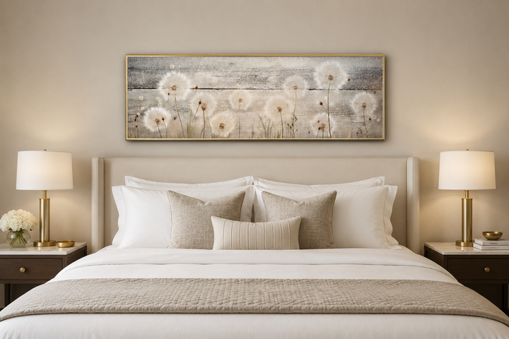 Rustic horizontal framed dandelion painting on wood texture hanging above a bed in a neutral room.