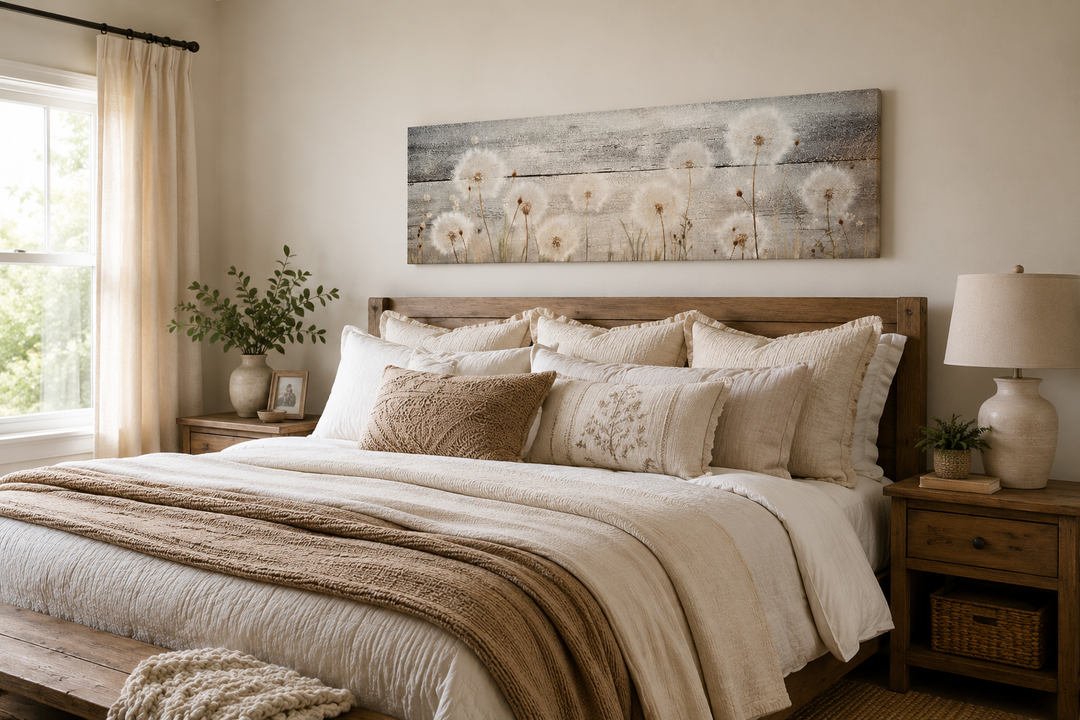 Rustic horizontal dandelion painting on wood wall art hanging above a bed in a neutral bedroom.