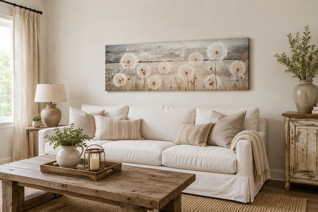 Rustic dandelions painting on wood long horizontal canvas wall art above a white sofa.