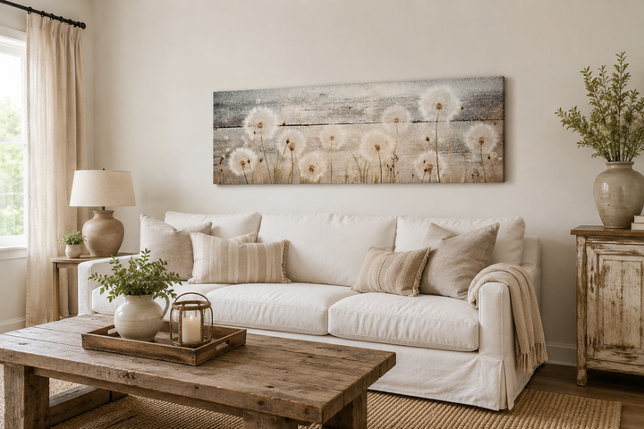 Rustic dandelions painting on wood long horizontal canvas wall art above a white sofa.