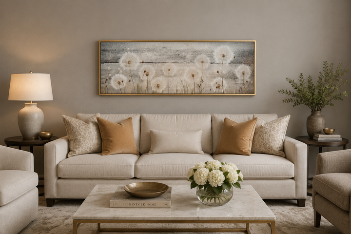 Rustic horizontal dandelion painting on wood texture in a gold frame above a beige sofa.