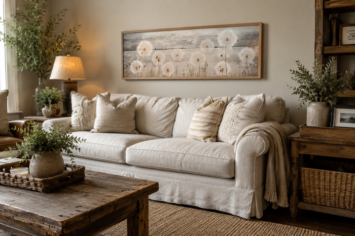 Rustic dandelion painting on wood, long horizontal framed wall art above a neutral sofa.