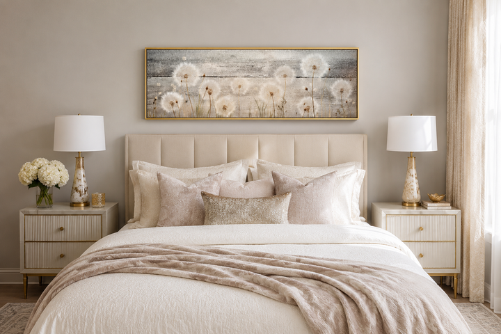 Rustic horizontal dandelion painting on wood-textured canvas in a gold frame above a neutral bed.
