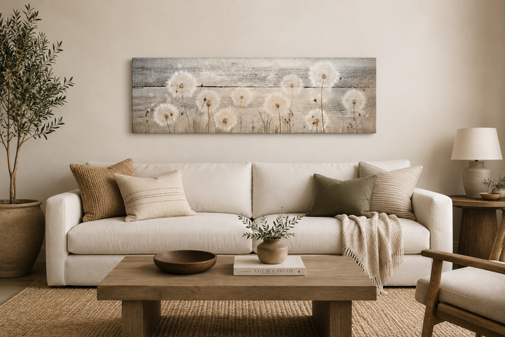 Long horizontal rustic dandelion painting on wood wall art hanging above a white sofa.