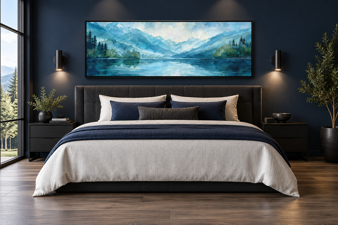 Blue teal lake landscape horizontal panoramic canvas print hanging above a bed in a modern bedroom.