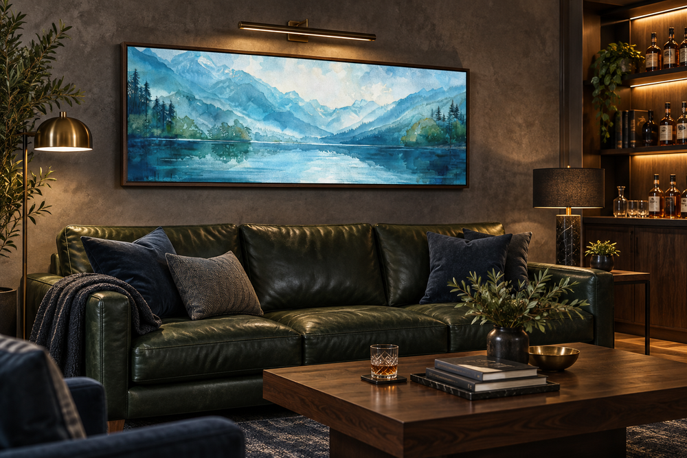 Blue teal lake landscape horizontal panoramic canvas print hanging above a dark green leather sofa.