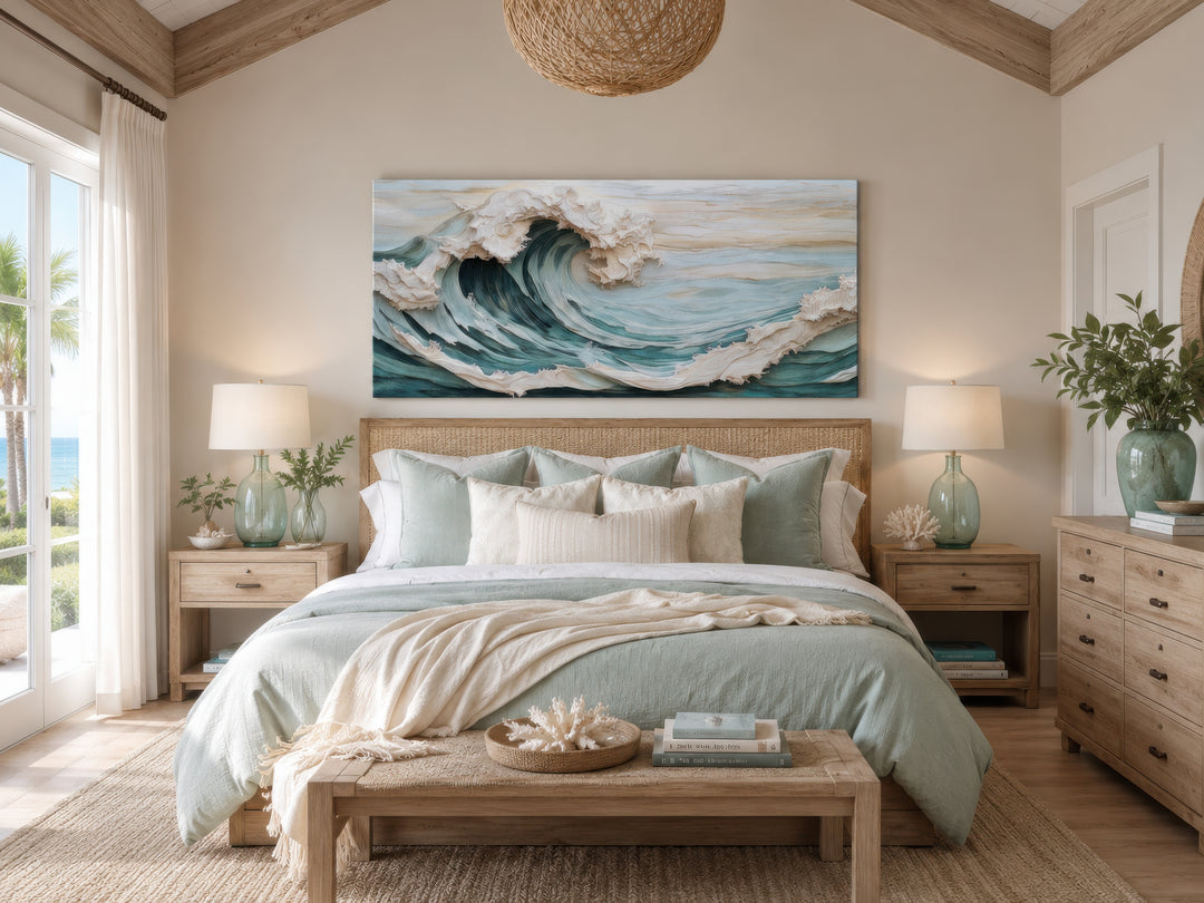 Abstract 3D effect teal ocean wave framed canvas wall art hanging above a bed in a coastal bedroom.