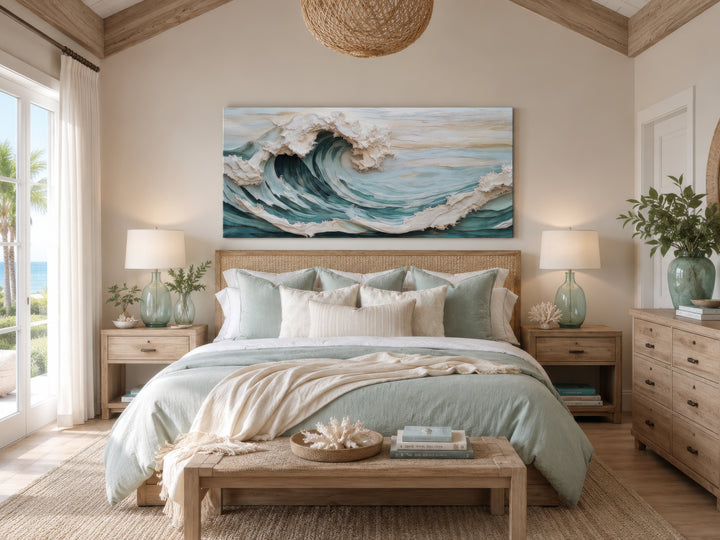 Abstract 3D effect teal ocean wave framed canvas wall art hanging above a bed in a coastal bedroom.