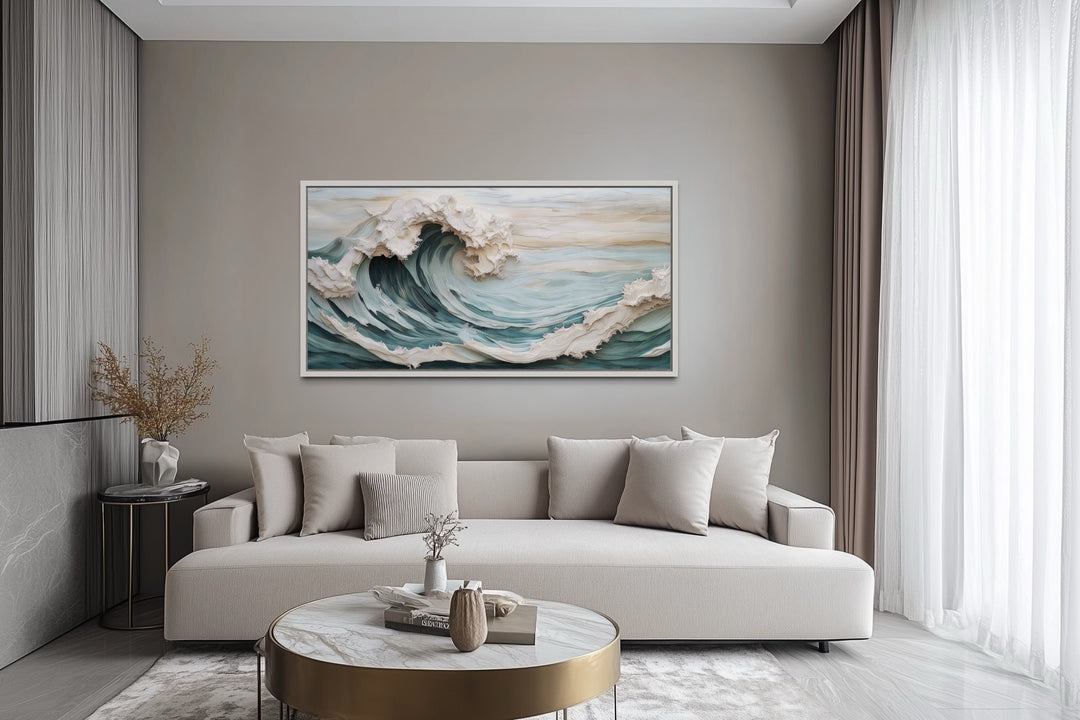 Abstract 3D Effect Teal Ocean Wave Framed Canvas Wall Art