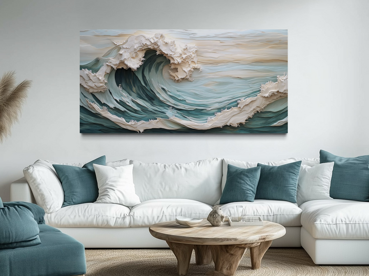 Abstract 3D Effect Teal Ocean Wave Framed Canvas Wall Art