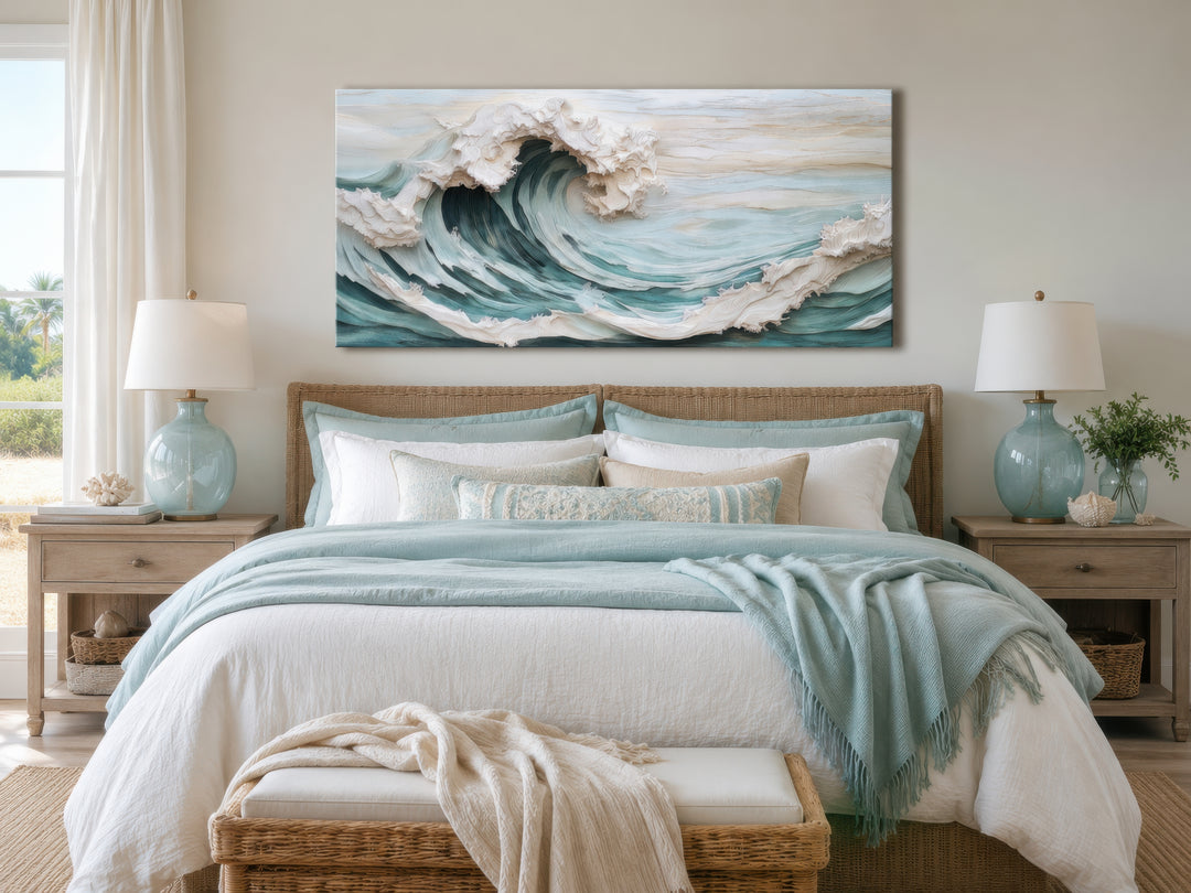Abstract 3D effect teal ocean wave framed canvas wall art hanging above a bed in a coastal bedroom.