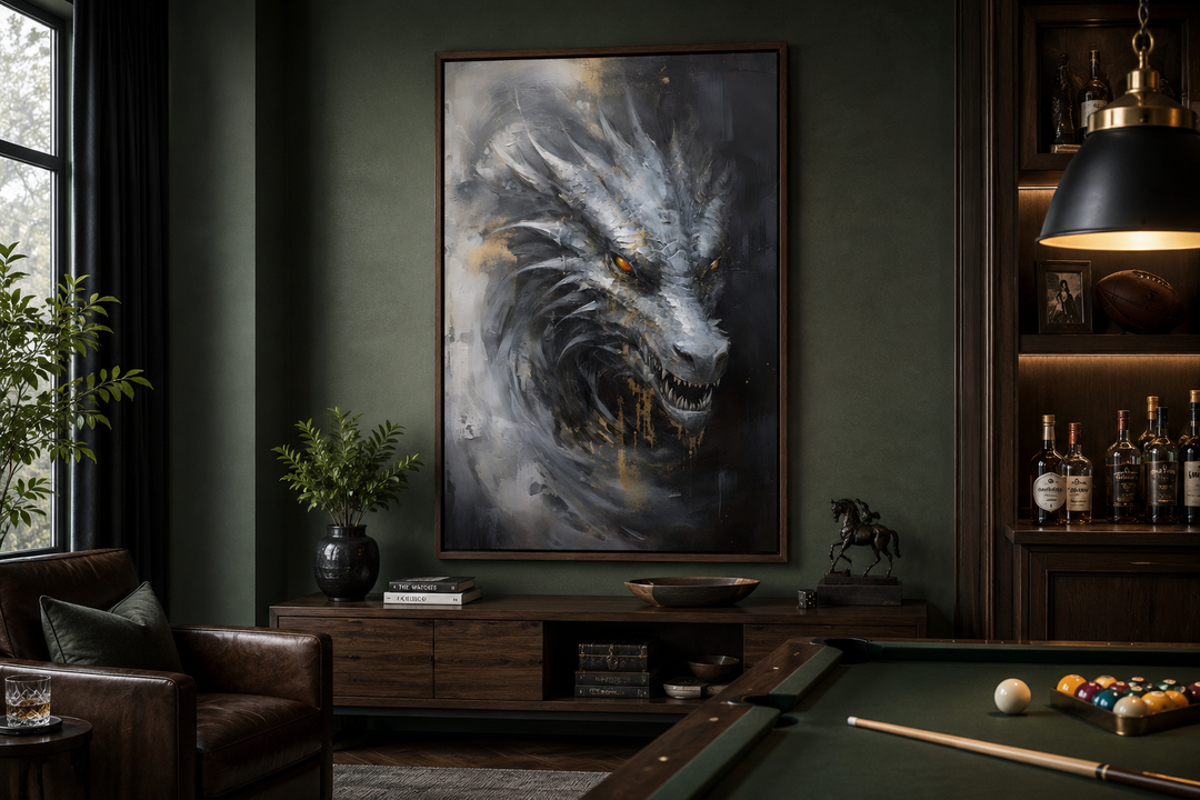 Abstract black dragon framed canvas wall art in a dark green room above a wooden console table.
