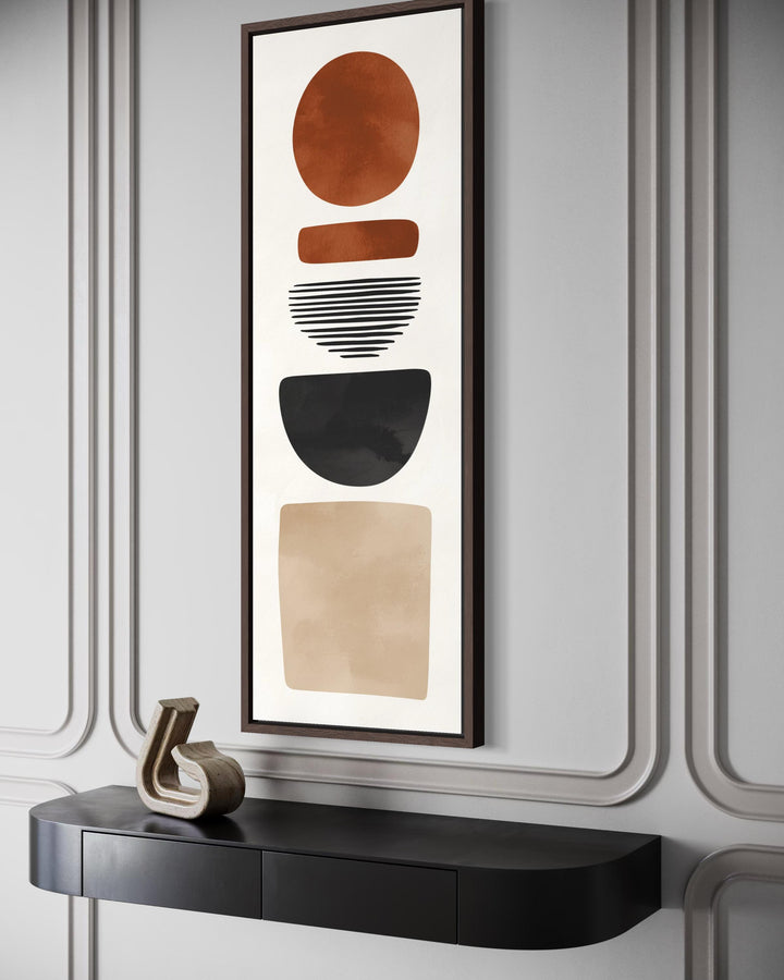 Tall narrow canvas wall art featuring abstract geometric shapes in earthy terracotta and charcoal.