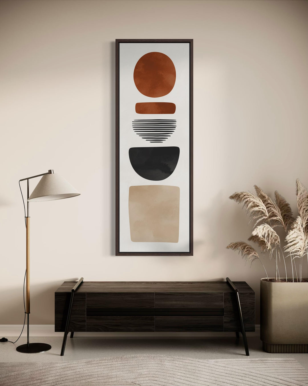 Tall narrow canvas wall art featuring abstract boho geometric shapes in earthy terracotta and black.