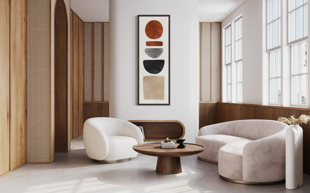 Abstract boho geometric tall narrow canvas wall art featuring earthy shapes in a modern living room.