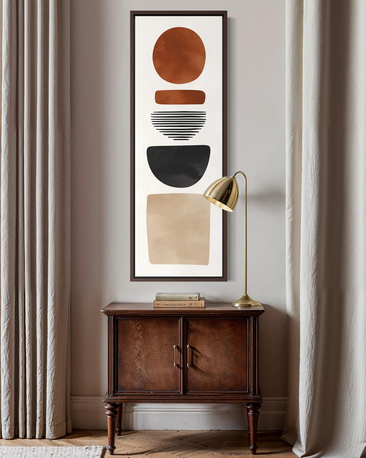 Tall narrow canvas wall art featuring abstract boho geometric shapes in warm earthy tones.