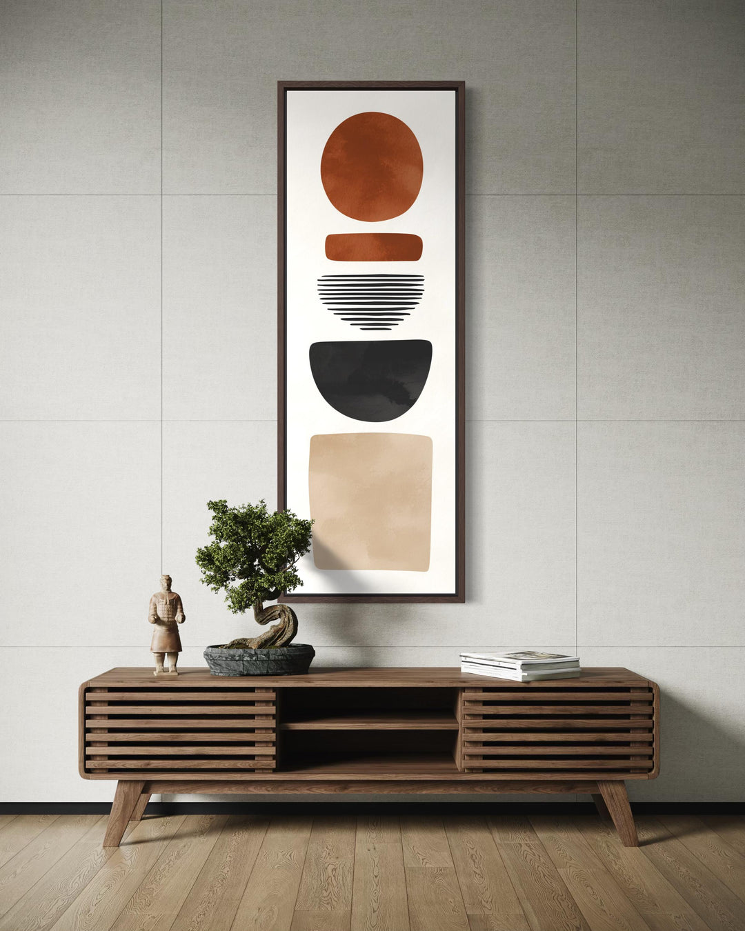 Tall narrow canvas wall art featuring abstract boho geometric shapes in warm earthy tones.