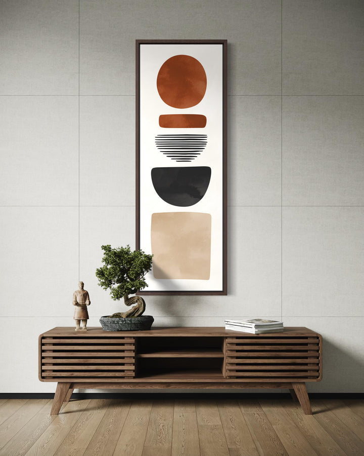 Tall narrow canvas wall art featuring abstract boho geometric shapes in warm earthy tones.