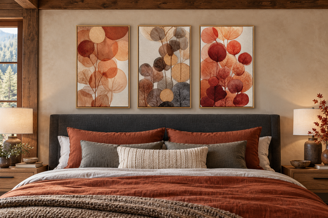 Set of 3 abstract botanical canvas prints with burnt orange and beige leaves above a bed.