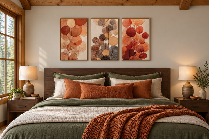 Abstract botanical wall art set of 3 with burnt orange and beige leaves above a bed.