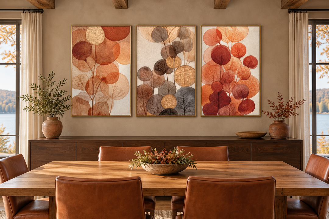 Set of 3 abstract botanical canvas prints with burnt orange and beige leaves in a dining room.