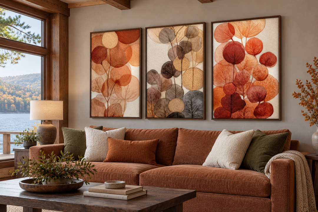 Set of 3 abstract botanical canvas prints with burnt orange and beige leaves in a living room.