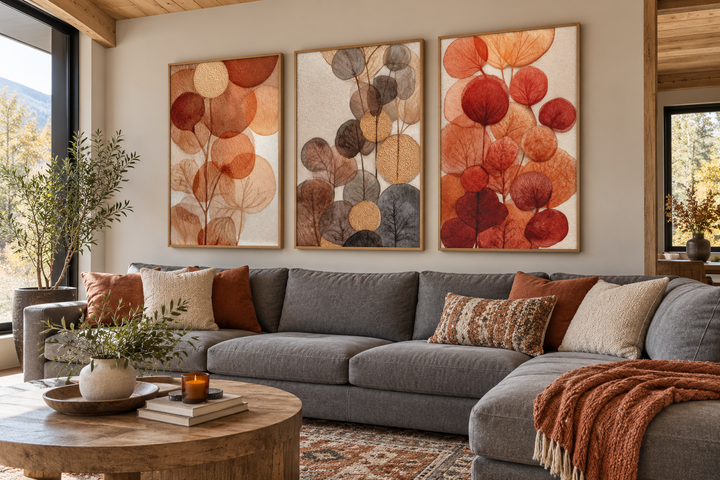 Set of 3 abstract botanical canvas prints in burnt orange and beige above a grey sectional sofa.