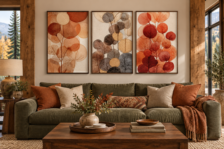 Abstract botanical wall art set of 3 with burnt orange and beige leaves above a green sofa.