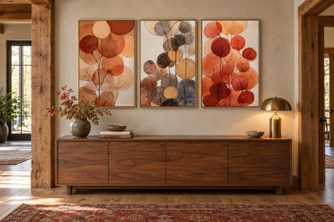 Set of 3 abstract botanical canvas prints with burnt orange and beige leaves above a wood sideboard.