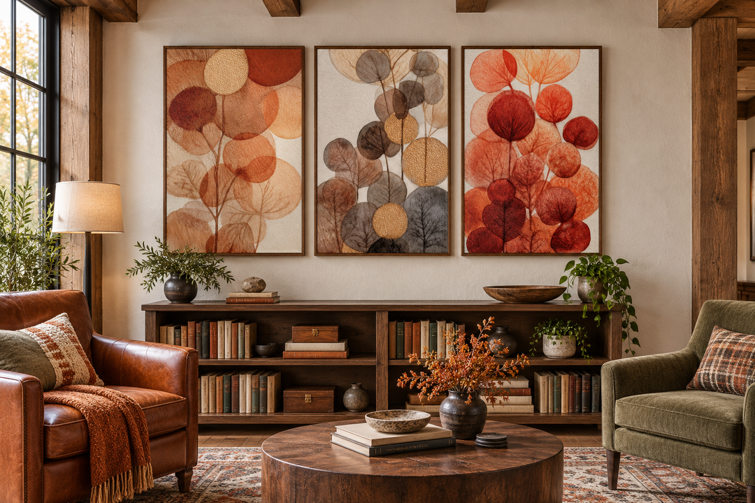 Set of 3 abstract botanical canvas prints with burnt orange and beige leaves in a rustic room.