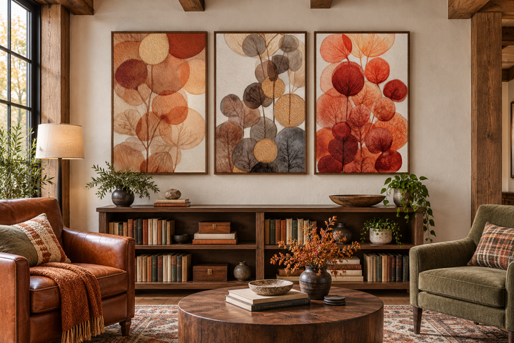 Set of 3 abstract botanical canvas prints with burnt orange and beige leaves in a rustic room.