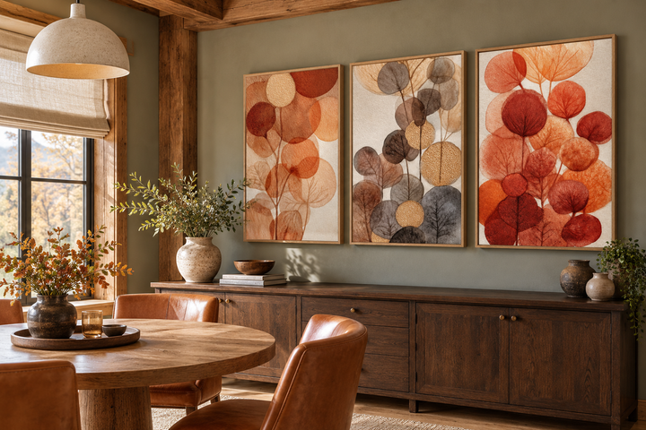 Set of 3 abstract botanical canvas prints with burnt orange and beige leaves in a rustic dining room