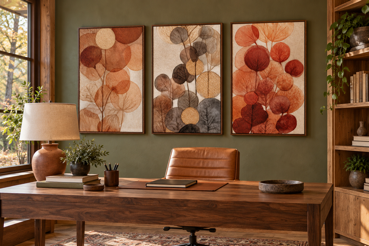 Set of 3 abstract botanical canvas prints with burnt orange and beige leaves in a home office.