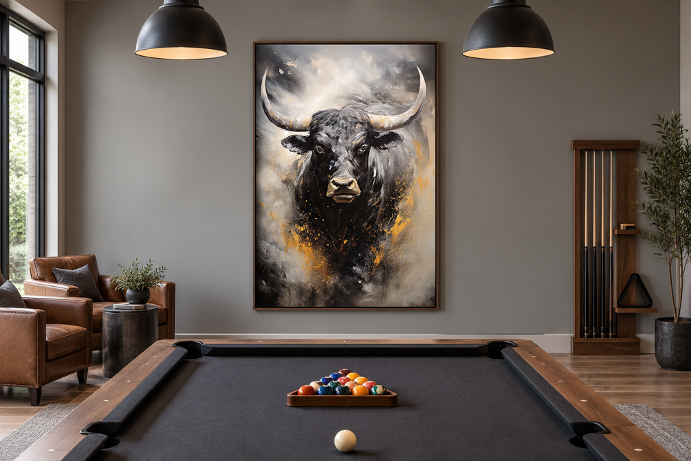 Black charging bull abstract framed canvas wall art hanging in a modern billiard room.