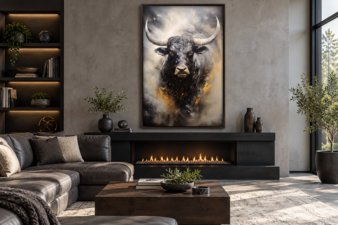 Black charging bull abstract framed canvas wall art above a fireplace in a modern living room.